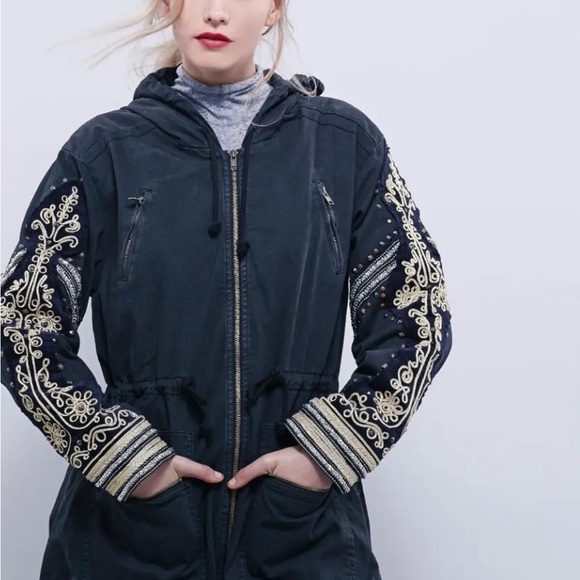 Free People Military Quills Golden Jacket Hood Embellished Black Gold - Picture 3 of 8